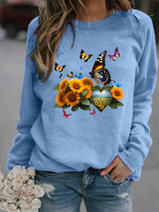 Butterfly & Sunflower Print Crew Neck Sweatshirt