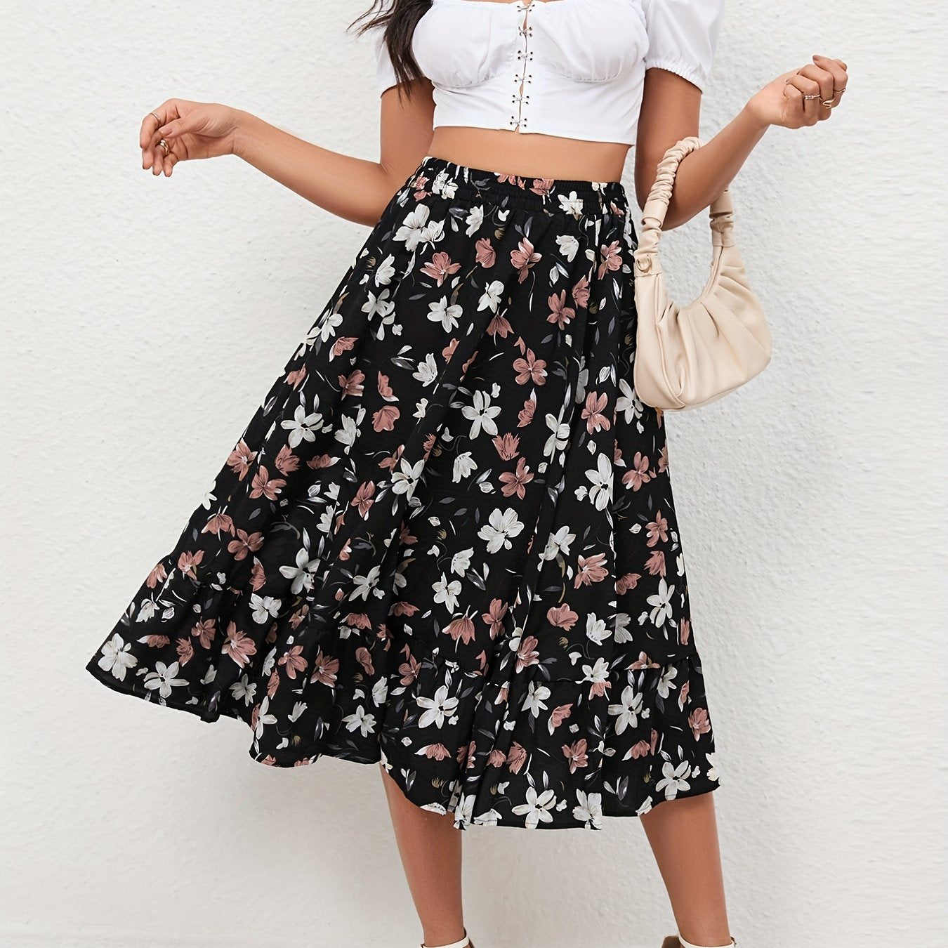 Boho Floral Print Tiered Skirts High Waist