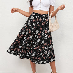 Boho Floral Print Tiered Skirts High Waist