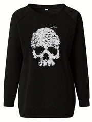 Skull Print Crew Neck Sweatshirt for Women