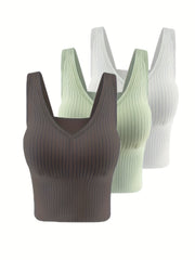 3pcs Ribbed Tank Tops V Neck Padded Women's Lingerie