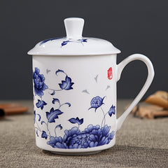 Flower Printed Porcelain Cup With Lid 17.6oz Ceramic Water Mug Tea Coffee Cup