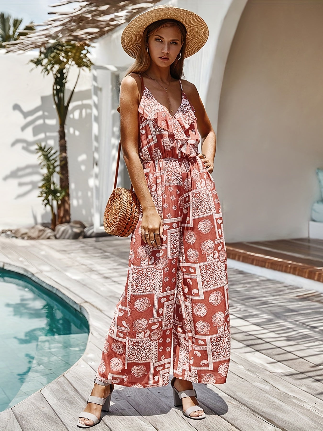 Patchwork Cami Jumpsuit Boho Paisley Print Sleeveless V Neck Ruffle Trim