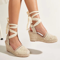 Women's Lace Up Wedge Espadrilles Sandals Lightweight Cross Strap Beach Shoes
