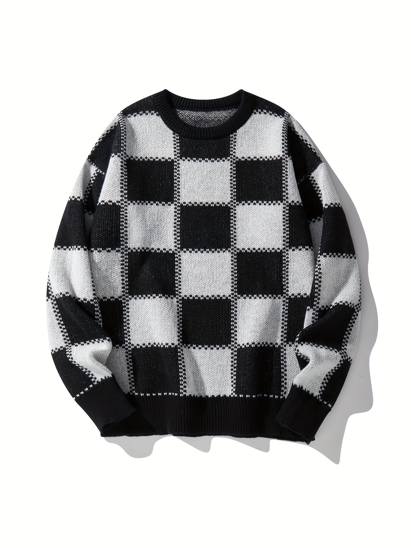 Men's Checkerboard Knitted Sweater for Fall and Winter