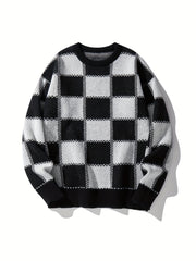 Men's Checkerboard Knitted Sweater for Fall and Winter