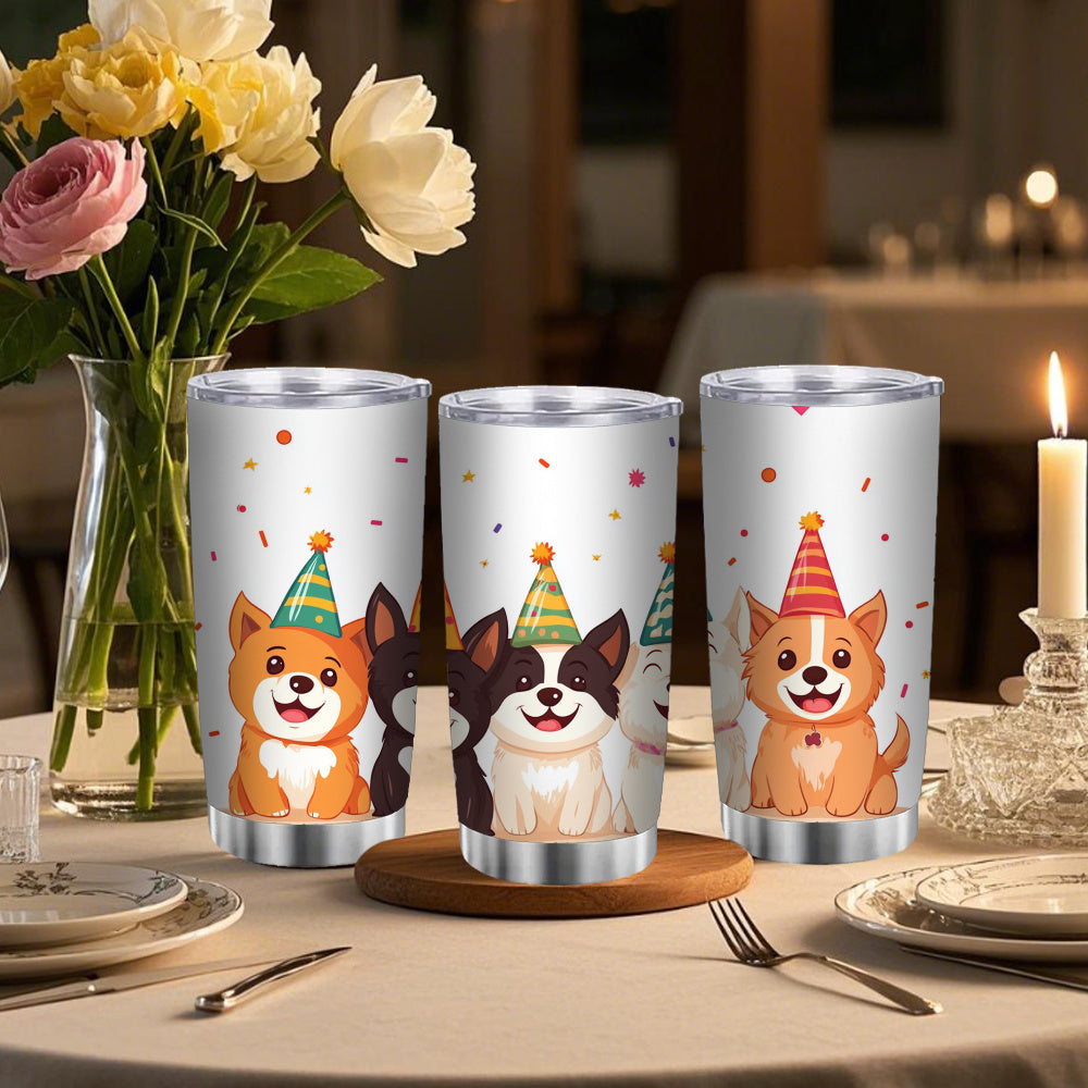 20oz Stainless Steel Mug Smiling Dogs Party Hats Leakproof Lid Travel Cup