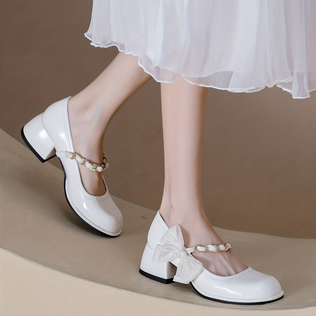 Women's Chain & Pearl Decor Strap Pumps Chunky Heel Shoes