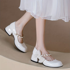 Women's Chain & Pearl Decor Strap Pumps Chunky Heel Shoes