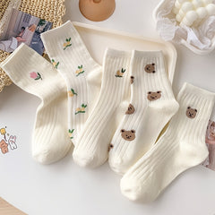 5 Pairs Floral & Bear Print Socks Comfy & All match Women's Stockings