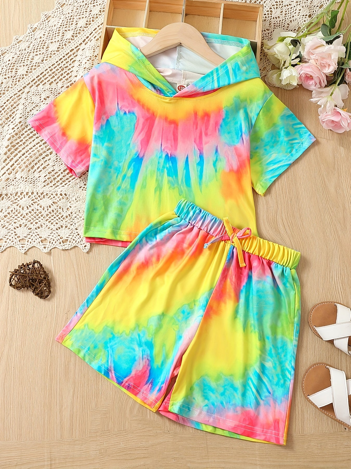 Girls' Tie Dyed Tracksuit Hooded T Shirt & Drawstring Shorts Set
