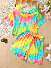 Girls' Tie Dyed Tracksuit Hooded T Shirt & Drawstring Shorts Set