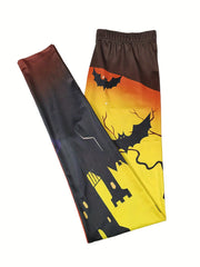 Castle & Bat Print Skinny Leggings Stretchy Women's Clothing