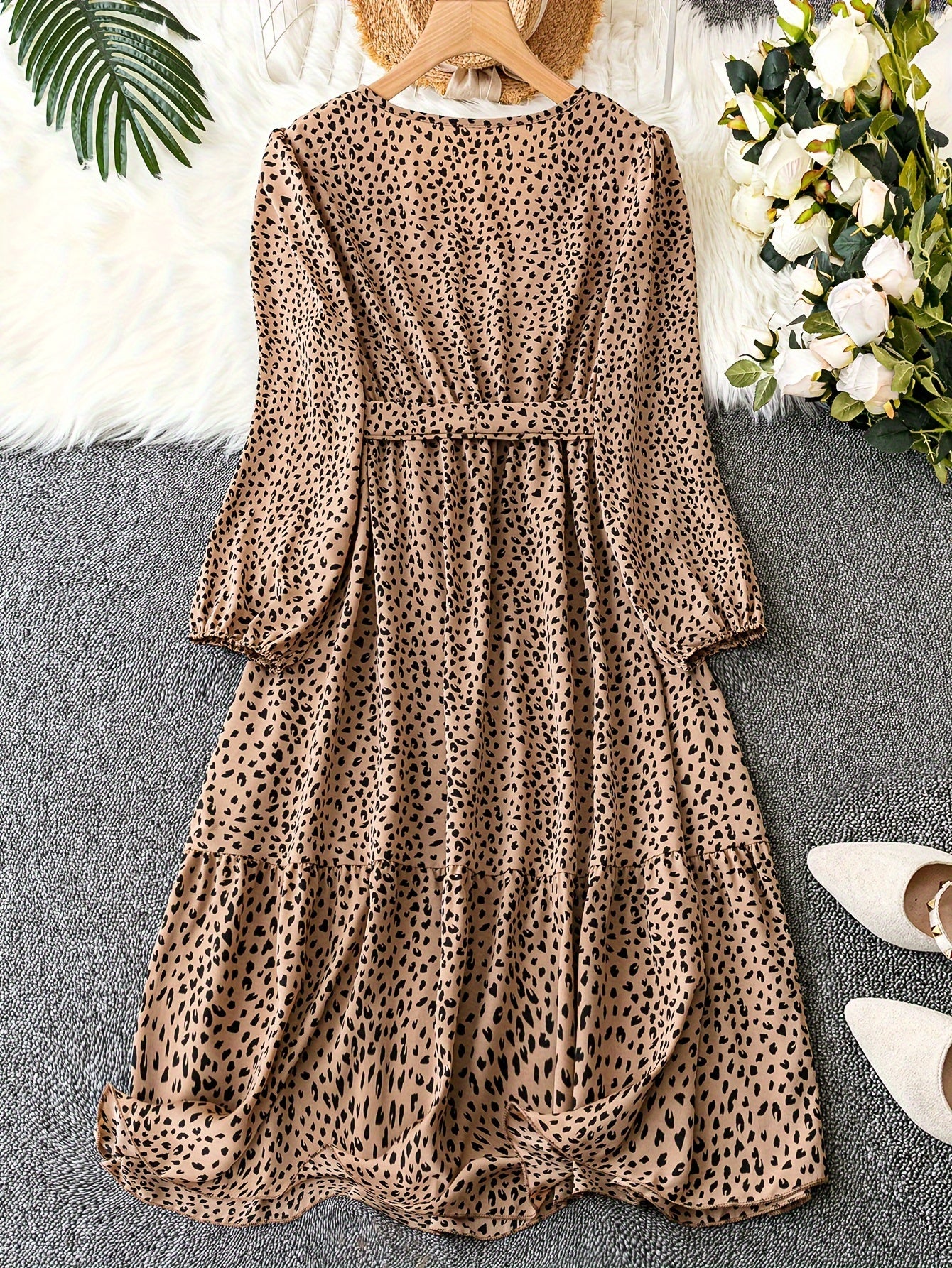 Leopard Print Lantern Sleeve Maxi Dress