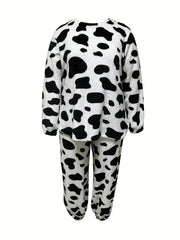 Cow Pattern Flannel Top & Shorts Two Piece Set