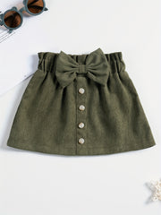 Girls Corduroy Skirt with Bow Decoration and Single Breasted