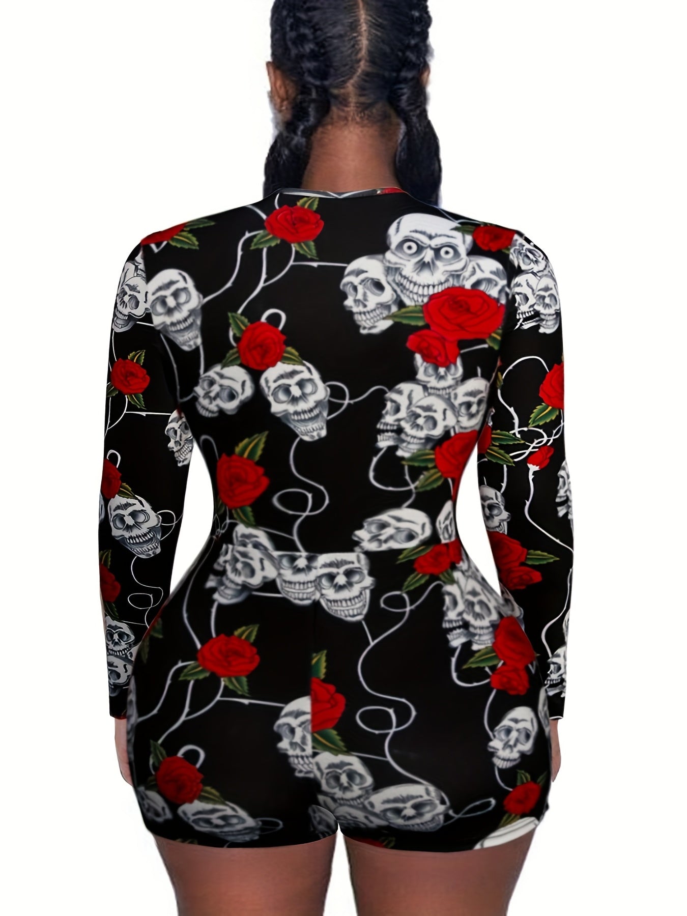 Skull & Rose Print Lounge Romper Long Sleeve V Neck Buttons Women's Loungewear