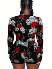 Skull & Rose Print Lounge Romper Long Sleeve V Neck Buttons Women's Loungewear