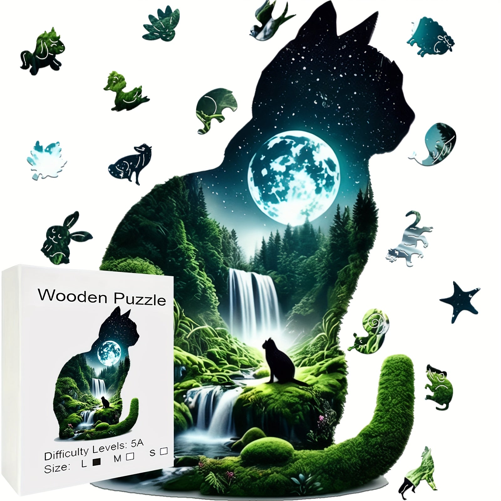 Moonlit Waterfall Cat Wooden Puzzle Challenging Brain Teaser for Adults