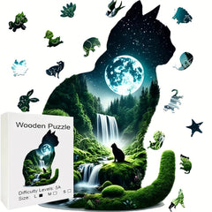 Moonlit Waterfall Cat Wooden Puzzle Challenging Brain Teaser for Adults