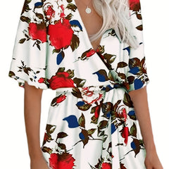 Boho V Neck Half Sleeve Jumpsuit Tie Waist Casual Jumpsuit