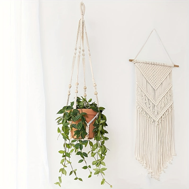 Indoor Hanging Plant Hanger Wood Beads Flower Pot Holder