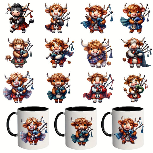 12pcs Scottish Highland Cow UV DTF Cup Wraps Decorative Stickers