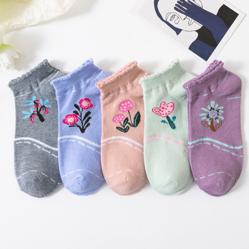5 Pairs Floral Print Short Socks Women's Ankle Socks Stocking