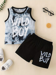 Boy's Tank Top & Shorts Set WILD BOY Tie Dye Print Casual Summer Clothes