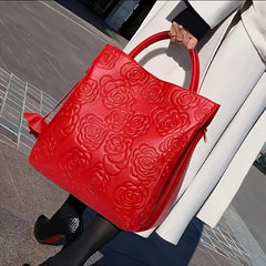 Red Floral Leather Crossbody Bag for Women