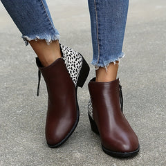 Women's Chunky Heeled Ankle Boots Print Side Zipper Short Boots