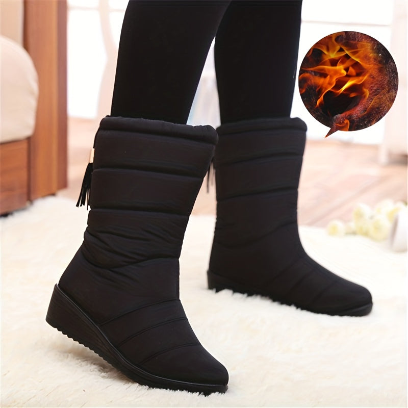 Fur Lined Snow Boots Waterproof Platform Mid Calf Chunky Heels
