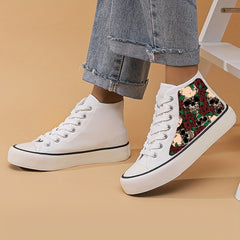 Skull & Rose Print High Top Canvas Sneakers