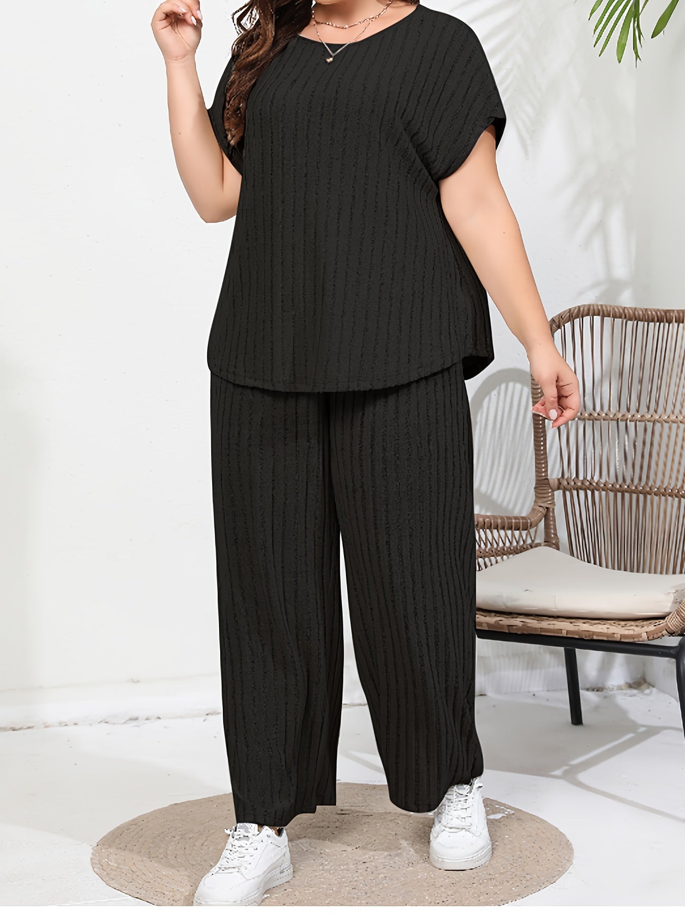 Solid Ribbed Batwing Sleeve Round Neck Top & Wide Leg Pants Set