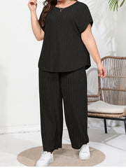 Solid Ribbed Batwing Sleeve Round Neck Top & Wide Leg Pants Set