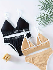 Letter Print Bra & Panties Set Push Up Bra & Elastic Panties Lingerie Women