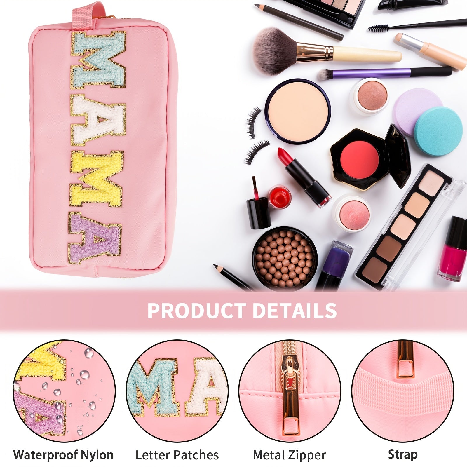 Preppy Makeup Bag With Strap Nylon Waterproof Travel Toiletry Bag For Women Girl