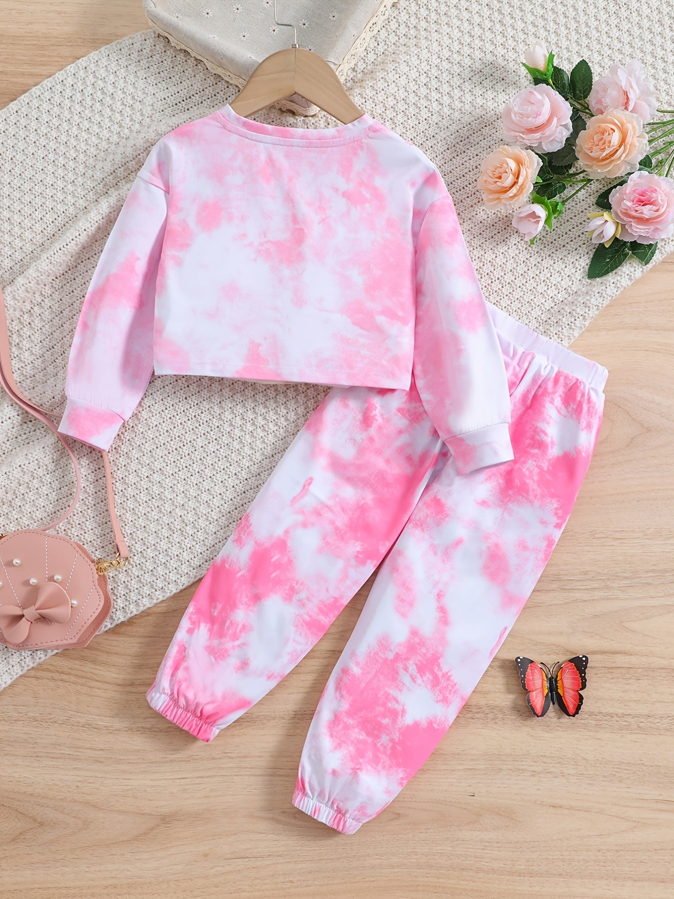 Toddler Girls Butterfly Embroidery Tie Dye Top & Sweat Pants 2pcs Sportwears