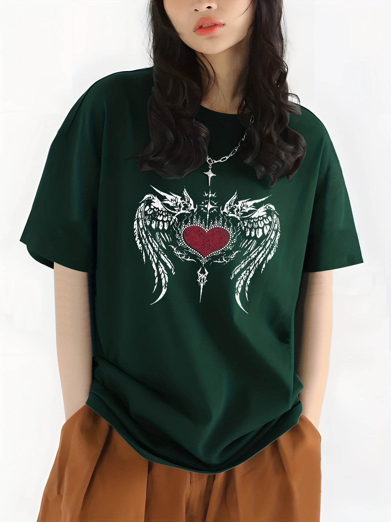 Wing & Heart Print T shirt Casual Crew Neck Short Sleeve Top