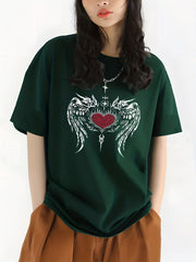 Wing & Heart Print T shirt Casual Crew Neck Short Sleeve Top