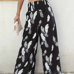Feather Print Shirred Waist Pants Wide Leg Summer Pants