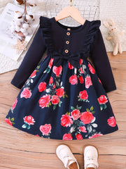 Girls' Floral Print Crewneck Long Sleeve Casual Dress
