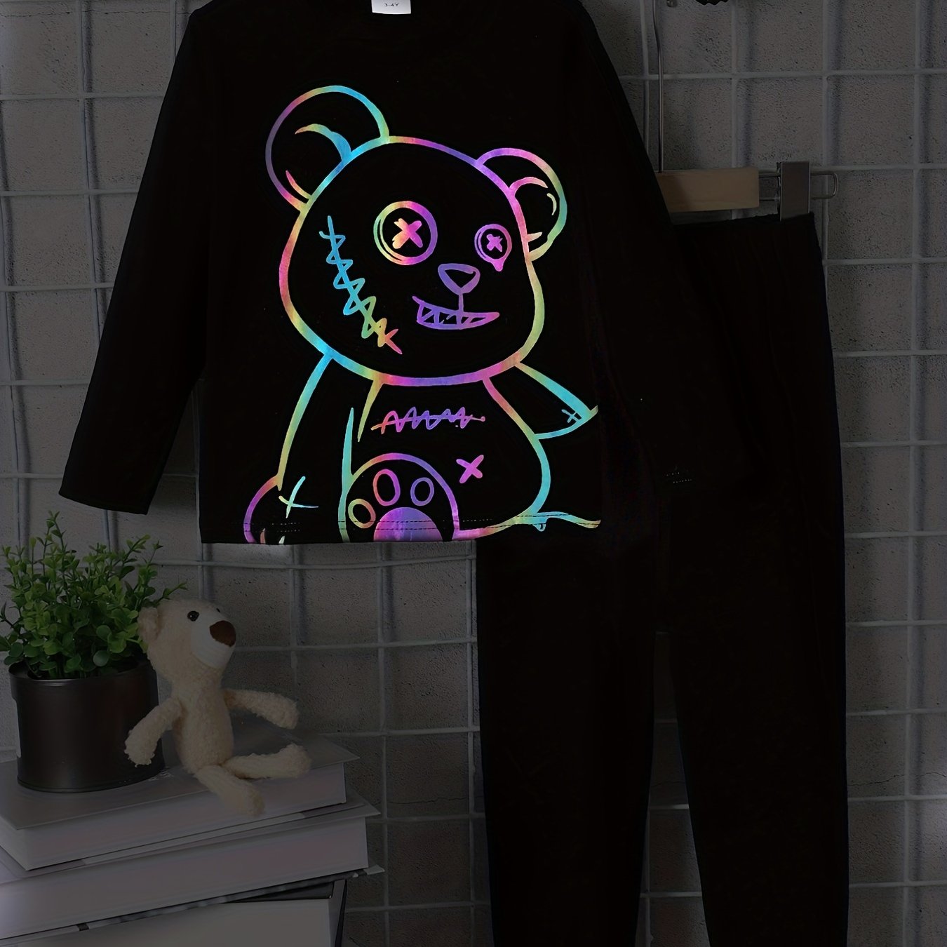 Boy's Bear Pattern Outfit 2pcs Long Sleeve Top & Sweatpants Set