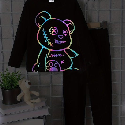 Boy's Bear Pattern Outfit 2pcs Long Sleeve Top & Sweatpants Set