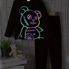 Boy's Bear Pattern Outfit 2pcs Long Sleeve Top & Sweatpants Set