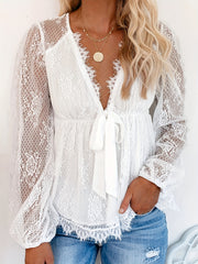 Floral Lace Long Sleeve V Neck Semi Sheer Blouse