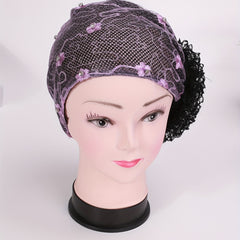 Purple Lace Embroidery Beanie Flower Turban Cap Head Wrap Head Scarf Hijab