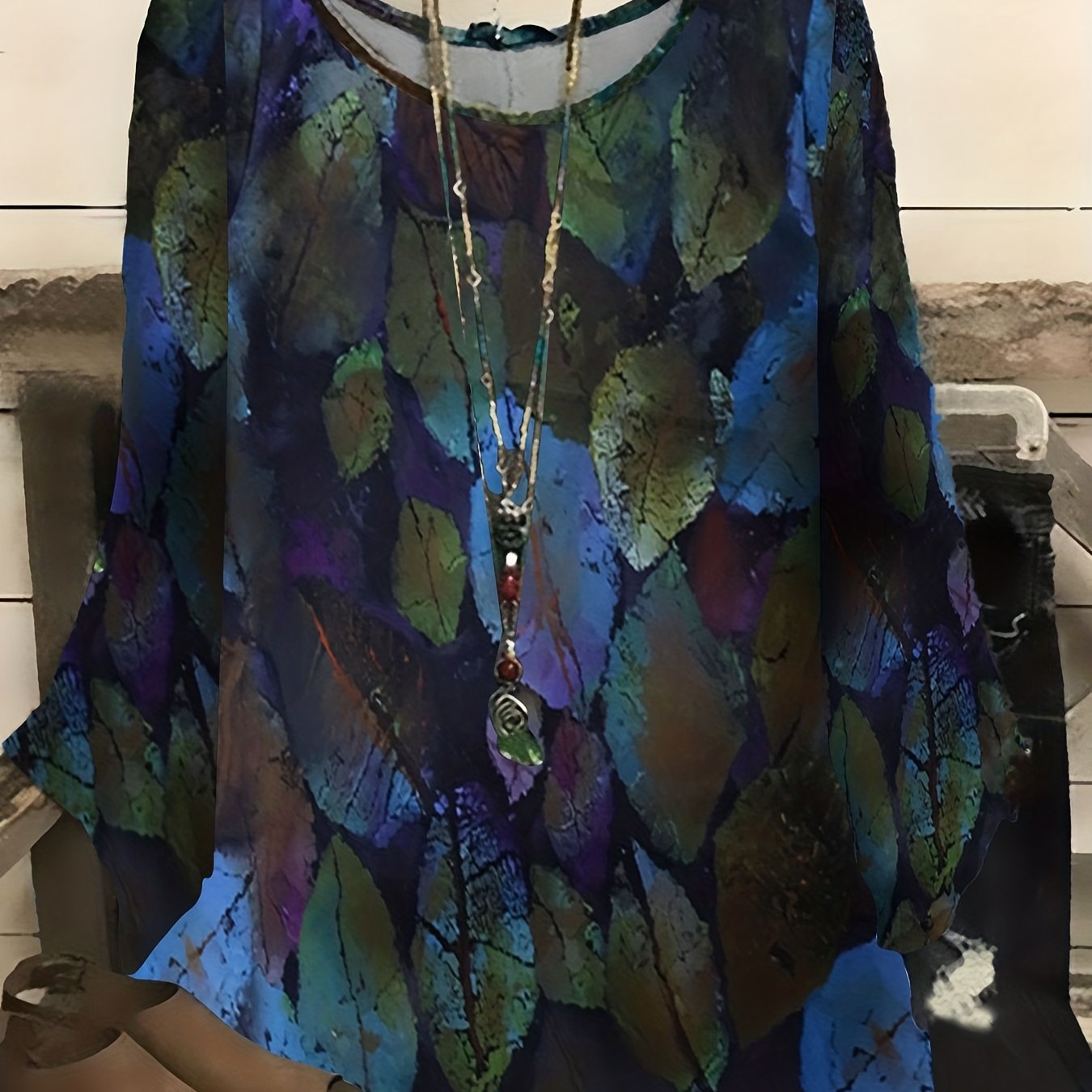 Women's Plus Leaf Print Long Sleeve Blouse
