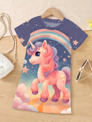 Girls 3D Unicorn Graphic Crew Long Sleeve Dress for Spring Fall