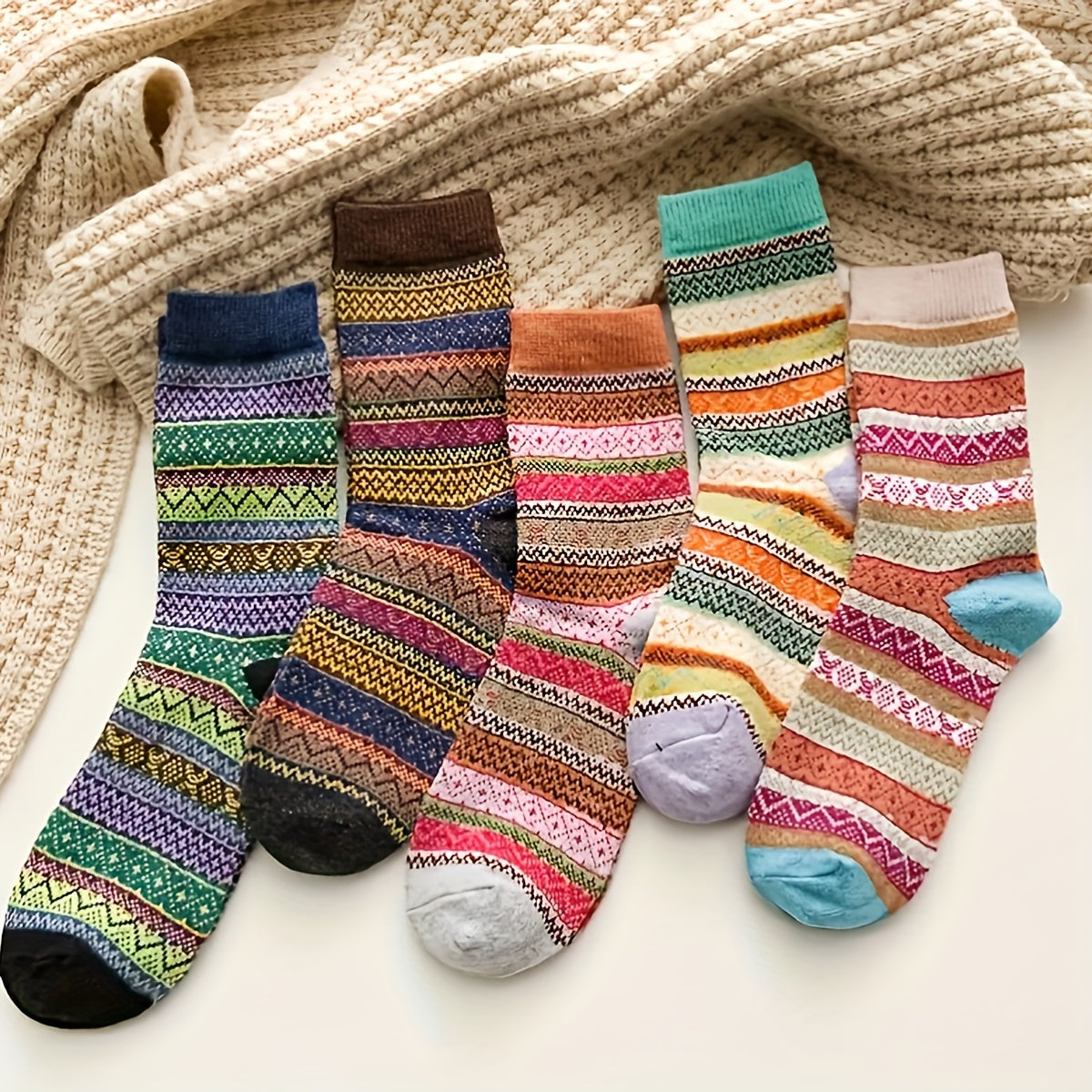 5 Pairs Geometric Pattern Colorblock Crew Socks Women's Stockings